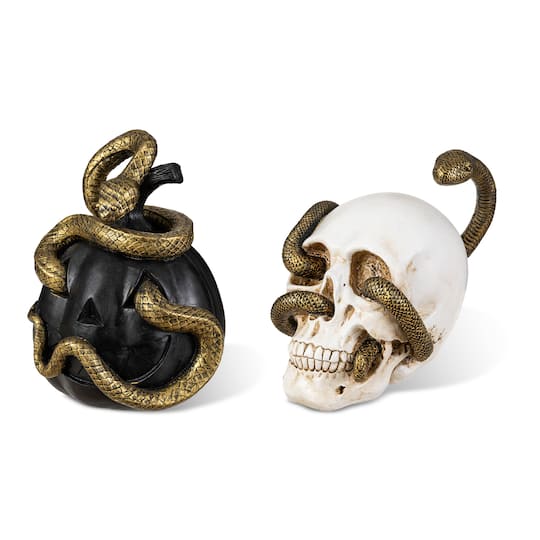 Glitzhome® 7" Halloween Polyresin JOL and Skull with Snake Table Decor, Set of 2 | 7" x 5" x 7" | Michaels®